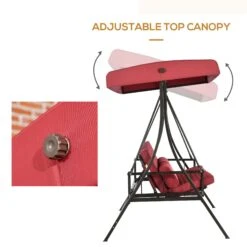 Outsunny 3 Person Patio Swing Chair Bed, Converting Flatbed, Outdoor Porch Swing Glider With Adjustable Canopy, Removable Cushions, Pillows, For Garden, Poolside, Backyard, Red -Outsunny Irx88c188c26ec7b9