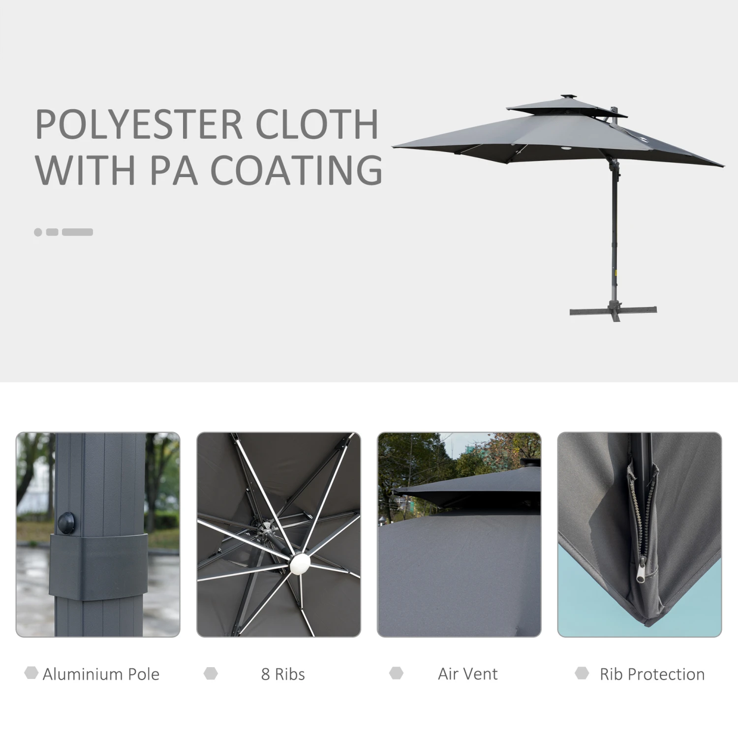Outsunny 10FT Cantilever Patio Umbrella With Solar LED Lights & Power Bank, Double Top Outdoor Offset Umbrella With 360° Rotation, 4-Position Tilt, Crank & Cross Base For Garden Deck Pool, Grey 6 Outsunny 10FT Cantilever Patio Umbrella With Solar LED Lights & Power Bank, Double Top Outdoor Offset Umbrella With 360° Rotation, 4-Position Tilt, Crank & Cross Base For Garden Deck Pool, Grey - Image 6