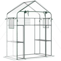Outsunny Outdoor Walk-in Mini Greenhouse With Mesh Door & Windows, Small Portable Garden Hot House With 3 Tiers 6 Shelves, Trellis, & Plant Labels