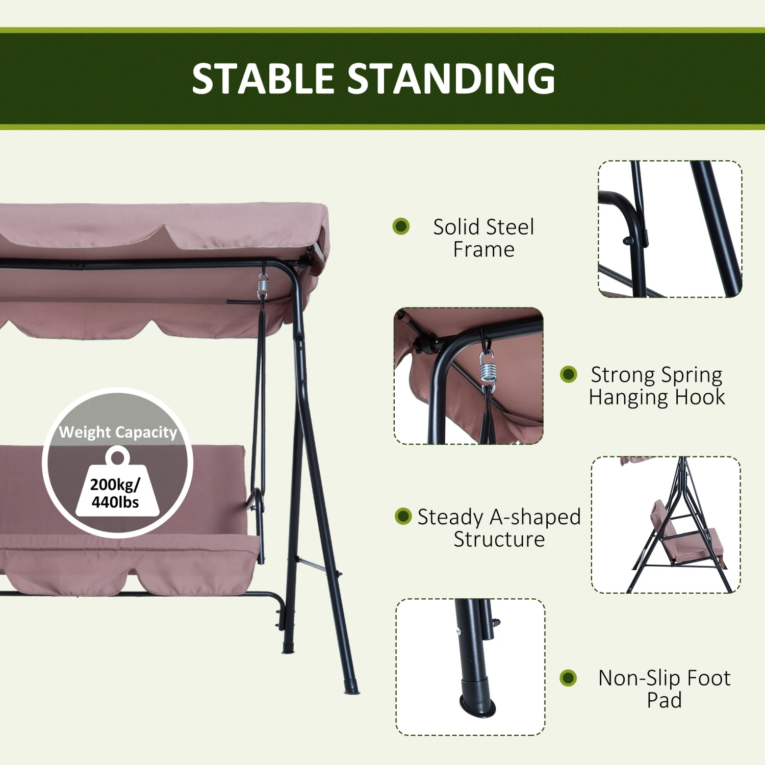 Outsunny 3-Seat Outdoor Patio Swing Chair With Removable Cushion, Steel Frame Stand And Adjustable Tilt Canopy For Patio, Garden, Poolside, Balcony, Backyard, Brown 5 Outsunny 3-Seat Outdoor Patio Swing Chair With Removable Cushion, Steel Frame Stand And Adjustable Tilt Canopy For Patio, Garden, Poolside, Balcony, Backyard, Brown - Image 5