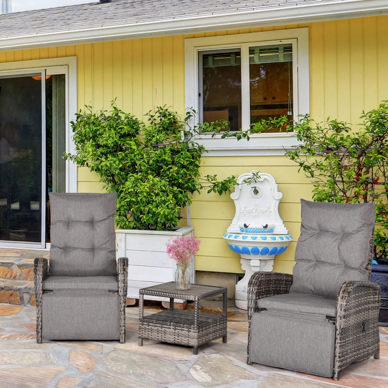 Outsunny 3 PC Rattan Wicker Conversation Patio Set With Side Coffee Table And Adjustable Backrest, Grey 2 Outsunny 3 PC Rattan Wicker Conversation Patio Set With Side Coffee Table And Adjustable Backrest, Grey - Image 2