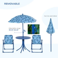 Outsunny Kids Folding Table And Chairs Set Shark Pattern For Outdoor Garden Patio Backyard With Removable & Height Adjustable Sun Umbrella, Blue -Outsunny JMk49a17e6b209835