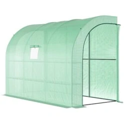 Outsunny 10' X 5' X 7' Lean To Greenhouse, Walk-In Green House, Plant Nursery With 2 Roll-up Doors And Windows, PE Cover And 3 Wire Shelves, Green -Outsunny JRmdaa17f911d971d