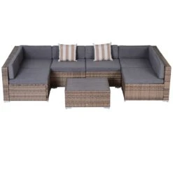 Outsunny 7 Piece Outdoor Patio Furniture Set, PE Rattan Wicker Sectional Sofa Patio Conversation Sets With Couch Cushions, Throw Pillows And Slat Coffee Table, Stripe, Gray -Outsunny JeZe3917ef6294404