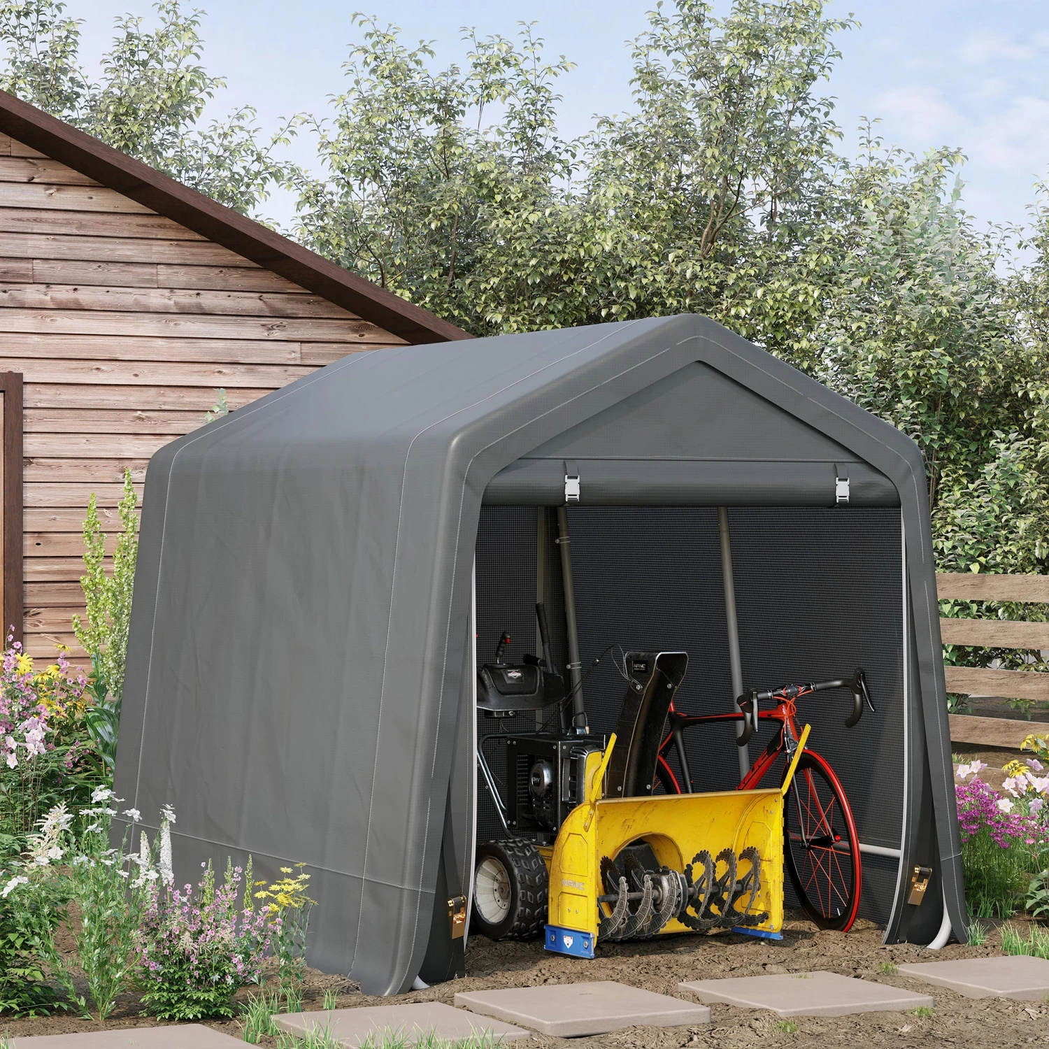 Outsunny 7.9' X 6.6' Garden Garage Storage Tent, Metal Frame Bike Shed W/ Zipper Doors 2 Outsunny 7.9' X 6.6' Garden Garage Storage Tent, Metal Frame Bike Shed W/ Zipper Doors - Image 2