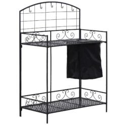 Outsunny Folding Potting Bench Table, Metal Garden Workstation, Work Bench With Large Build-In Bag With Cover, 5 Hanging Hooks & Storage Shelf