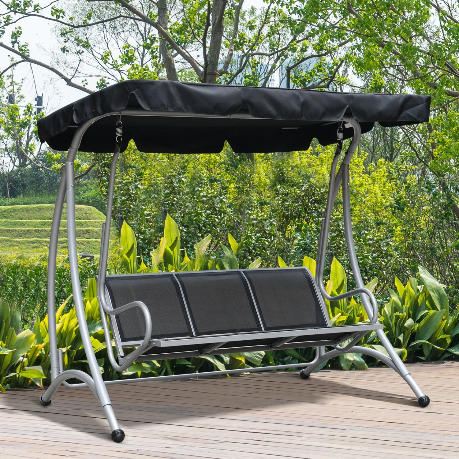 Outsunny 3-Seat Patio Swing Chair, Outdoor Canopy Swing With Stand, Adjustable Shade, Steel Frame For Adults, Garden, Poolside, Black 2 Outsunny 3-Seat Patio Swing Chair, Outdoor Canopy Swing With Stand, Adjustable Shade, Steel Frame For Adults, Garden, Poolside, Black - Image 2