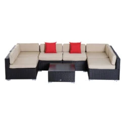Outsunny 7 Piece Outdoor Patio Furniture Set, PE Rattan Wicker Sectional Sofa Set With Buckling Couch Cushions, Throw Pillows & Coffee Table, Dark Brown, Beige, Orange -Outsunny KBmfde17e697b654c