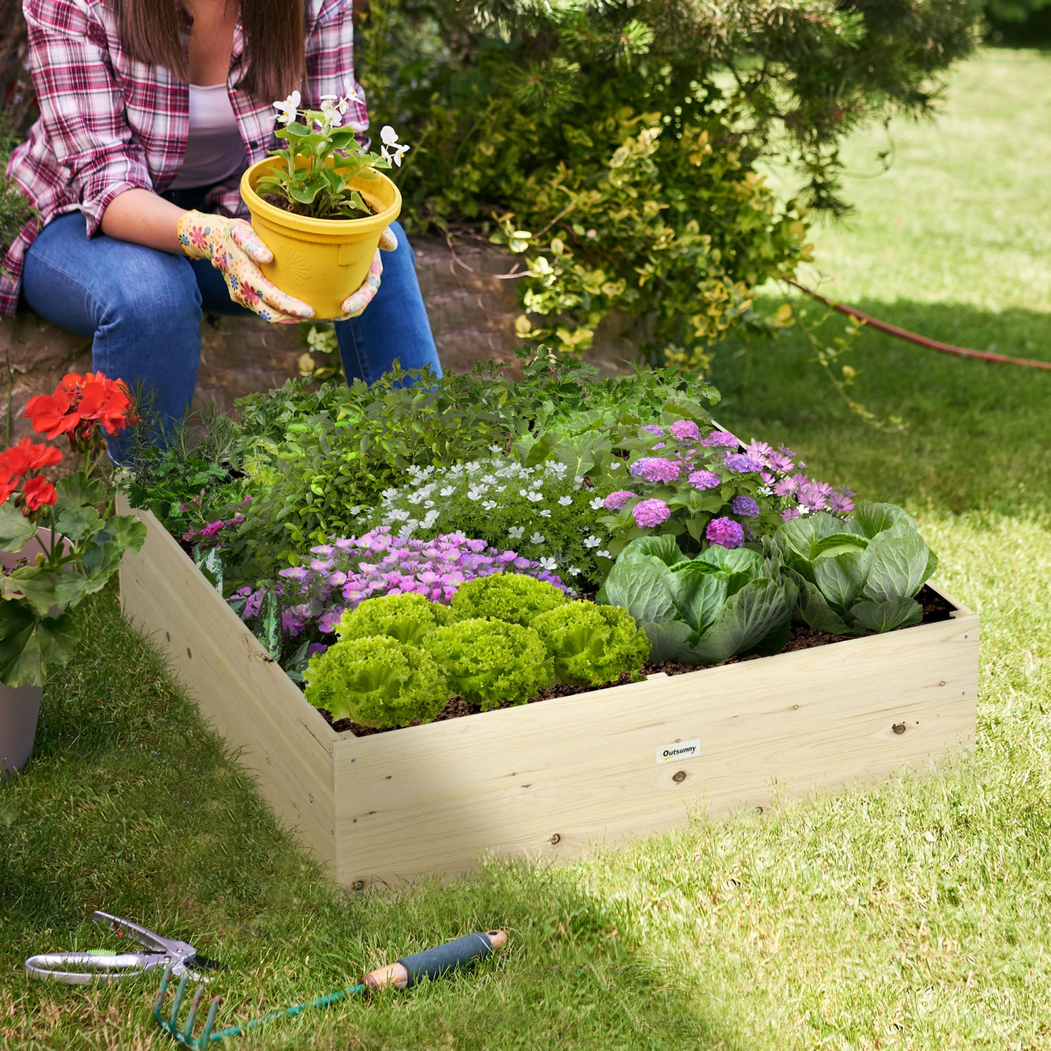 Outsunny Wooden Raised Garden Bed Kit, Elevated Planter Box With Bed Liner For Backyard, Patio To Grow Vegetables, Herbs, And Flowers, 4' X 4' X 12" 2 Outsunny Wooden Raised Garden Bed Kit, Elevated Planter Box With Bed Liner For Backyard, Patio To Grow Vegetables, Herbs, And Flowers, 4' X 4' X 12" - Image 2