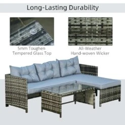 Outsunny 3 Piece Patio Furniture Set, Rattan Outdoor Sofa Set With Chaise Lounge & Loveseat, Soft Cushions, Tempered Glass Table, L-Shaped Sectional Couch, Light Gray -Outsunny KHj1d517e698dc214