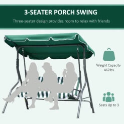 Outsunny 3-Person Patio Swing Chair, Outdoor Canopy Swing Bench With Adjustable Shade, Cushion And Durable Steel Frame, Green -Outsunny KQ6a0917fae7c4003