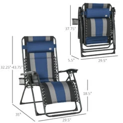 Outsunny XL Oversize Zero Gravity Recliner, Padded Patio Lounger Chair, Folding Chair With Adjustable Backrest, Cup Holder, And Headrest For Backyard, Poolside, Lawn, Striped, Blue -Outsunny KUNc1717f9142d009