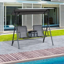 Outsunny 2 Person Porch Swing With Canopy, Covered Patio Swing With Pivot Storage Table, Cup Holder, & Adjustable Overhead Canopy, Grey -Outsunny KbJ90f17f9b957cfc