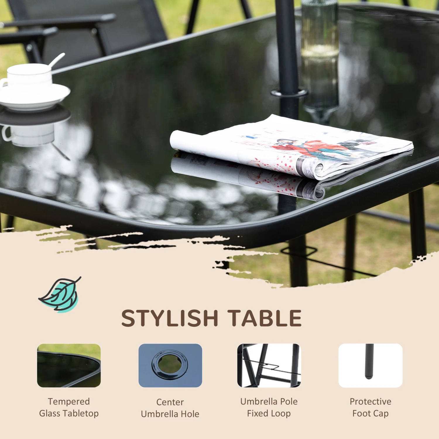 Outsunny 8 Piece Patio Dining Set With Table Umbrella, 6 Folding Chairs And Rectangle Dining Table, Outdoor Patio Furniture Set, Black 4 Outsunny 8 Piece Patio Dining Set With Table Umbrella, 6 Folding Chairs And Rectangle Dining Table, Outdoor Patio Furniture Set, Black - Image 4