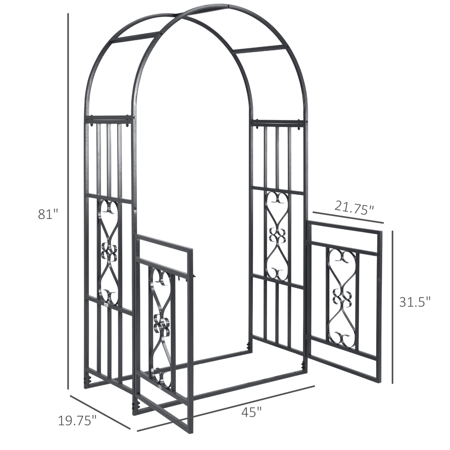 Outsunny 81" Metal Garden Arbor With Double Doors, Locking Gate, Climbing Vine Frame With Heart Motifs, Arch For Wedding, Bridal Party Decoration, Grey 3 Outsunny 81" Metal Garden Arbor With Double Doors, Locking Gate, Climbing Vine Frame With Heart Motifs, Arch For Wedding, Bridal Party Decoration, Grey - Image 3