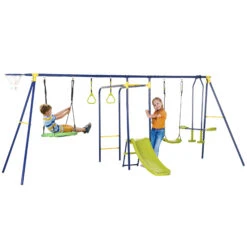Outsunny Heavy-Duty Metal Swing Set For Backyard, With A-Frame Swing Stand, Saucer Swing, Glider, Slide, Gym Rings, Basketball Hoop, Ground Stakes, For Outdoor Indoor, Aged 3-12 Years Old