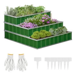 Outsunny 3 Tier Raised Garden Bed, Metal Elevated Planter Box W/ Gloves, Easy Assembly