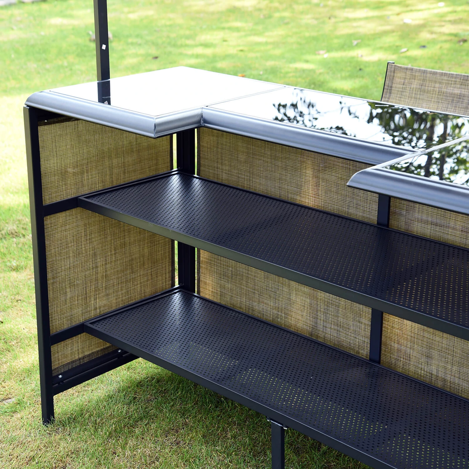 Outsunny 3 Piece Outdoor Bar Set For 2 With Canopy, Rectangular Table With Storage Shelves & Two Bar Chairs, Breathable Mesh 10 Outsunny 3 Piece Outdoor Bar Set For 2 With Canopy, Rectangular Table With Storage Shelves & Two Bar Chairs, Breathable Mesh - Image 10