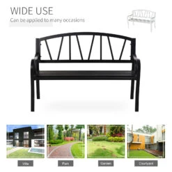 Outsunny Metal Garden Bench, Black Outdoor Bench For 2 People, Park-Style Patio Seating Decor With Armrests & Backrest, Black -Outsunny KpL9eb17e6b0e3a39