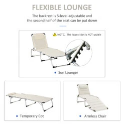 Outsunny Padded Patio Sun Lounge Chair, Foldable Reclining Chaise Lounge With 5 Position Adjustable Backrest & Comfortable Pillow For Outdoor Garden Porch, White -Outsunny L3934d17e6b452e0c
