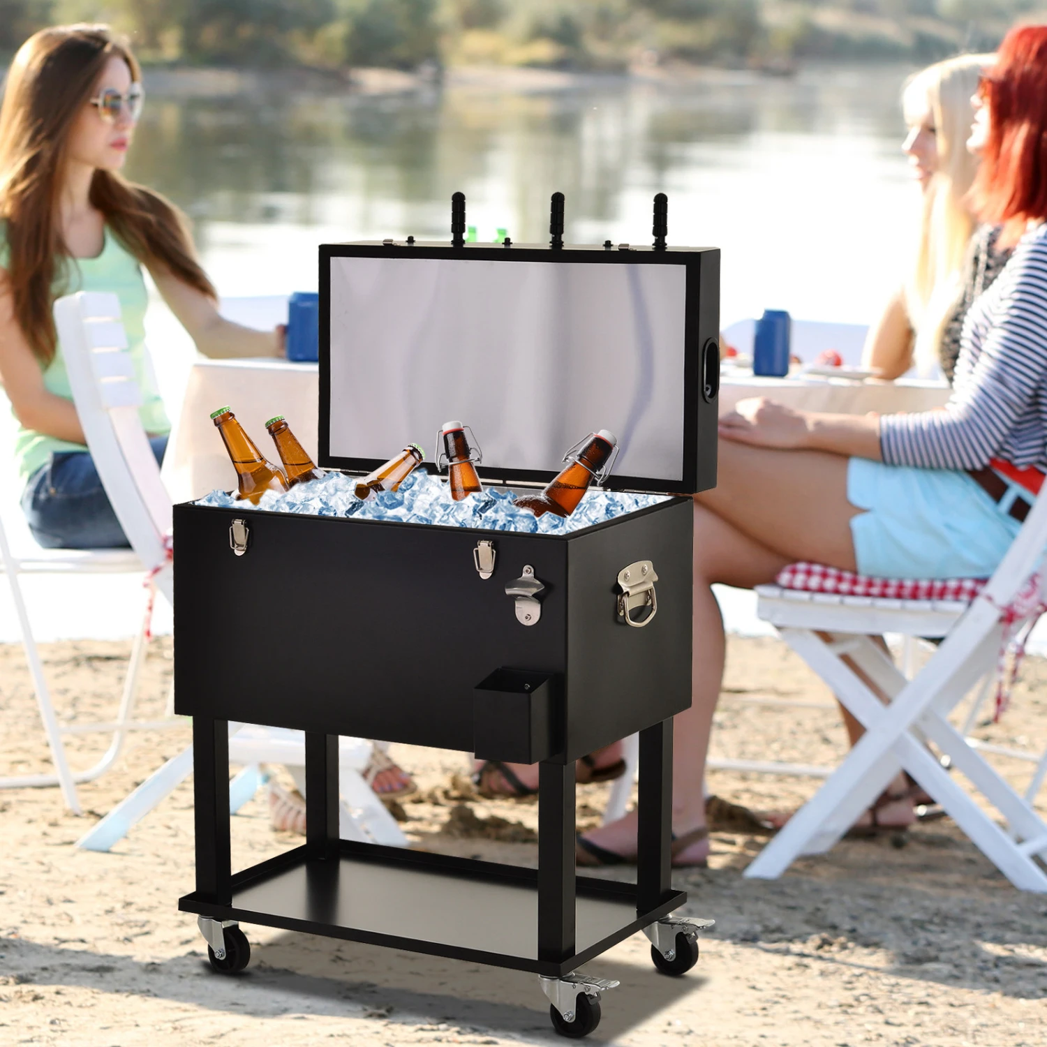 Outsunny 68QT Patio Cooler Ice Chest With Foosball Table Top, Portable Poolside Party Bar Cold Drink Rolling Cart On Wheels With Tray Shelf 3 Outsunny 68QT Patio Cooler Ice Chest With Foosball Table Top, Portable Poolside Party Bar Cold Drink Rolling Cart On Wheels With Tray Shelf - Image 3