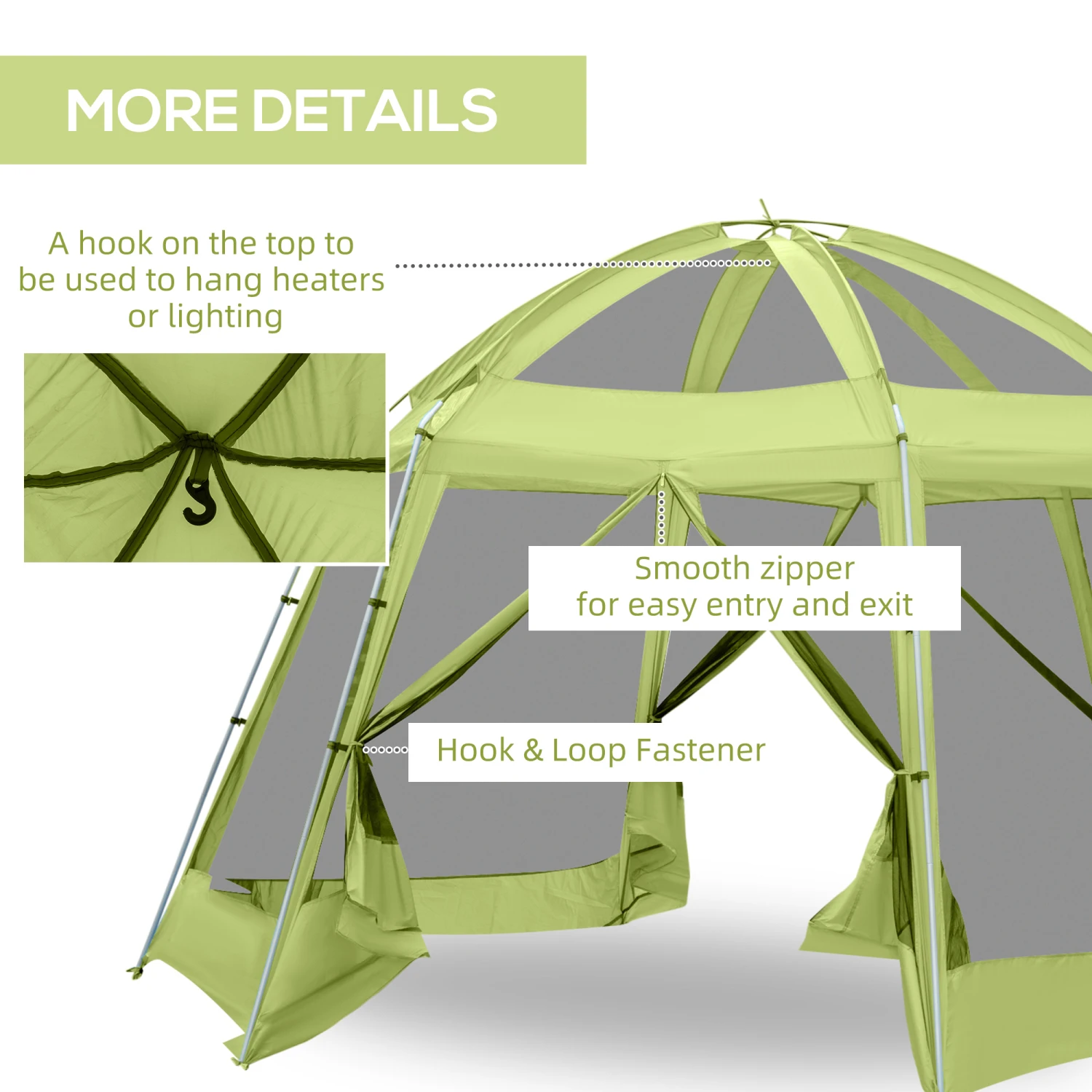 Outsunny Large Screen Tent, Hang Hook For Lantern At Night, 6-8 Person Tent Screen House, 2 Doors For Multiple-Person Entry, Breathable Outdoor Net Canopy Tent, Dome, 16' X 16', Green 6 Outsunny Large Screen Tent, Hang Hook For Lantern At Night, 6-8 Person Tent Screen House, 2 Doors For Multiple-Person Entry, Breathable Outdoor Net Canopy Tent, Dome, 16' X 16', Green - Image 6