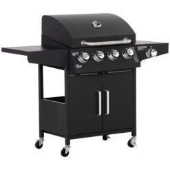 Outsunny 52" Barbecue Grill With Wheels 4+1 Burner Liquid Propane Gas Grill Outdoor Cabinet Style BBQ Trolley W/ Side Burner, Warming Rack