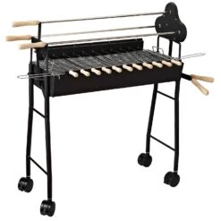 Outsunny 35" Charcoal BBQ Grill And Smoker Combo 2 In 1 Portable Rotisserie With Large/Small Skewers Included And 4 Wheels For Portability