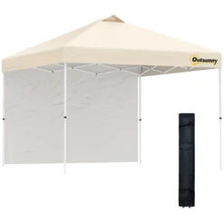 Outsunny 10' X 10' Pop-Up Canopy Tent With 1 Sidewall, Instant Sun Shelter, Tents For Parties, Height Adjustable, With Wheeled Carry Bag For Outdoor, Garden, Patio, Beige