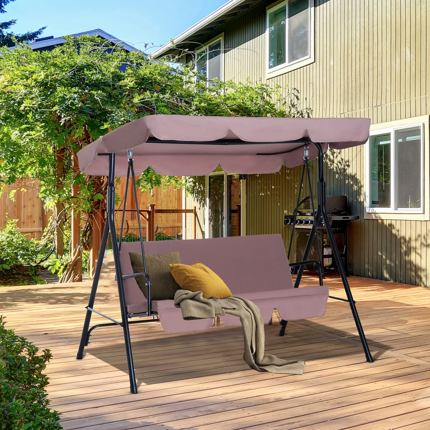 Outsunny 3-Seat Outdoor Patio Swing Chair With Removable Cushion, Steel Frame Stand And Adjustable Tilt Canopy For Patio, Garden, Poolside, Balcony, Backyard, Brown 2 Outsunny 3-Seat Outdoor Patio Swing Chair With Removable Cushion, Steel Frame Stand And Adjustable Tilt Canopy For Patio, Garden, Poolside, Balcony, Backyard, Brown - Image 2