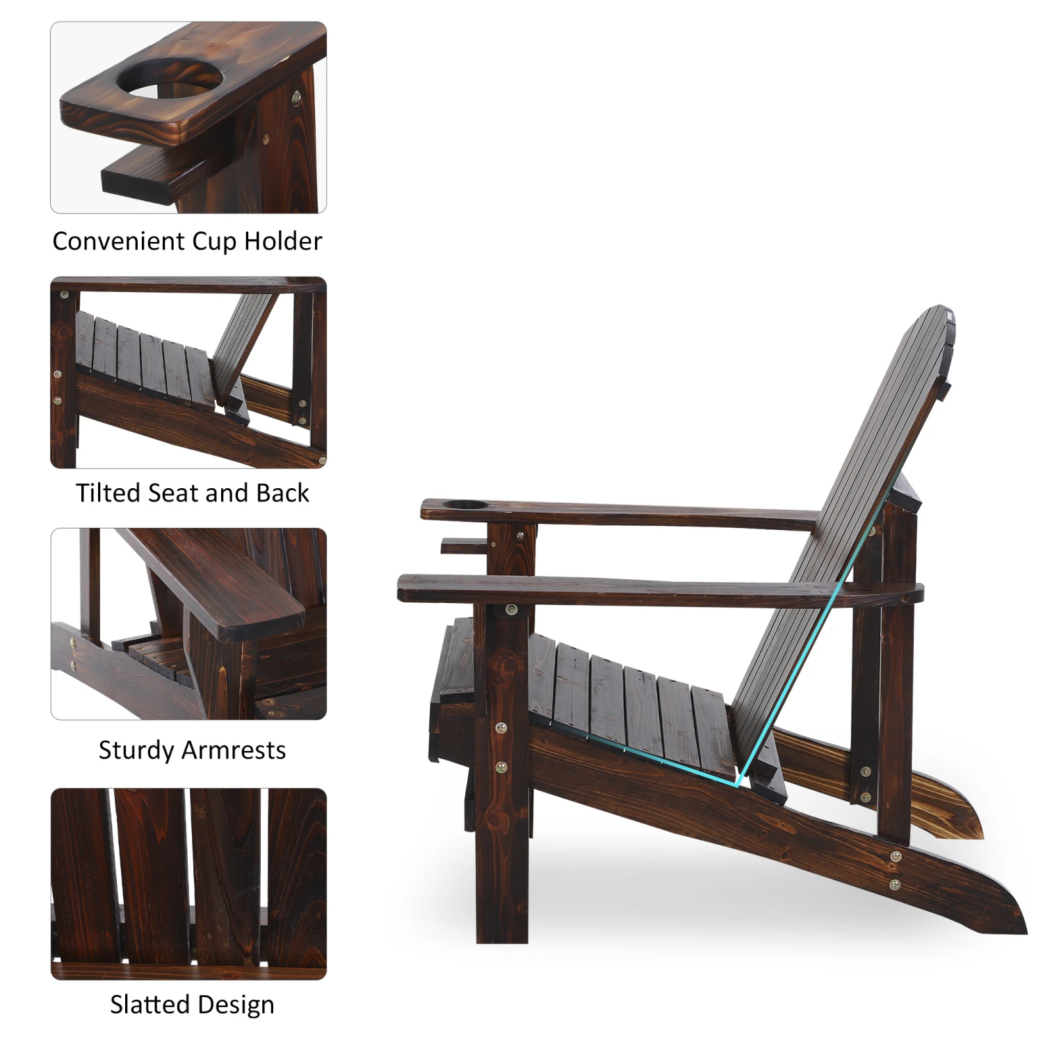 Outsunny Wooden Adirondack Chair, Outdoor Patio Lawn Chair With Cup Holder, Weather Resistant Lawn Furniture, Classic Lounge For Deck, Garden, Backyard, Fire Pit, Brown 8 Outsunny Wooden Adirondack Chair, Outdoor Patio Lawn Chair With Cup Holder, Weather Resistant Lawn Furniture, Classic Lounge For Deck, Garden, Backyard, Fire Pit, Brown - Image 8