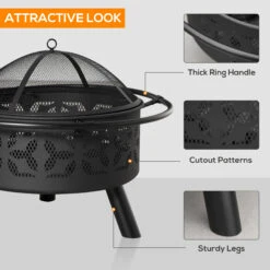 Outsunny 31-Inch Steel Fire Pit, Outdoor Large Wood Burning Fire Bowl W/Screen Cover, Poker -Outsunny LVOb10180fa4d25e7