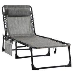 Outsunny Reclining Chaise Lounge Chair, Portable Sun Lounger, Folding Camping Cot, With Adjustable Backrest And Removable Pillow, For Patio, Garden, Beach, Grey