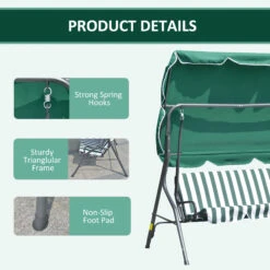 Outsunny 3-Person Patio Swing Chair, Outdoor Canopy Swing Bench With Adjustable Shade, Cushion And Durable Steel Frame, Green -Outsunny Lg875617fae7c4003