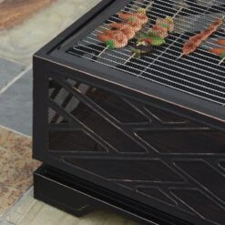 Outsunny 26" Outdoor Steel Square Fire Pit With Grill Net For BBQ, Safety Spark/Ember Cover & Classic Stylish Appearance -Outsunny LjXad117e71907ea2