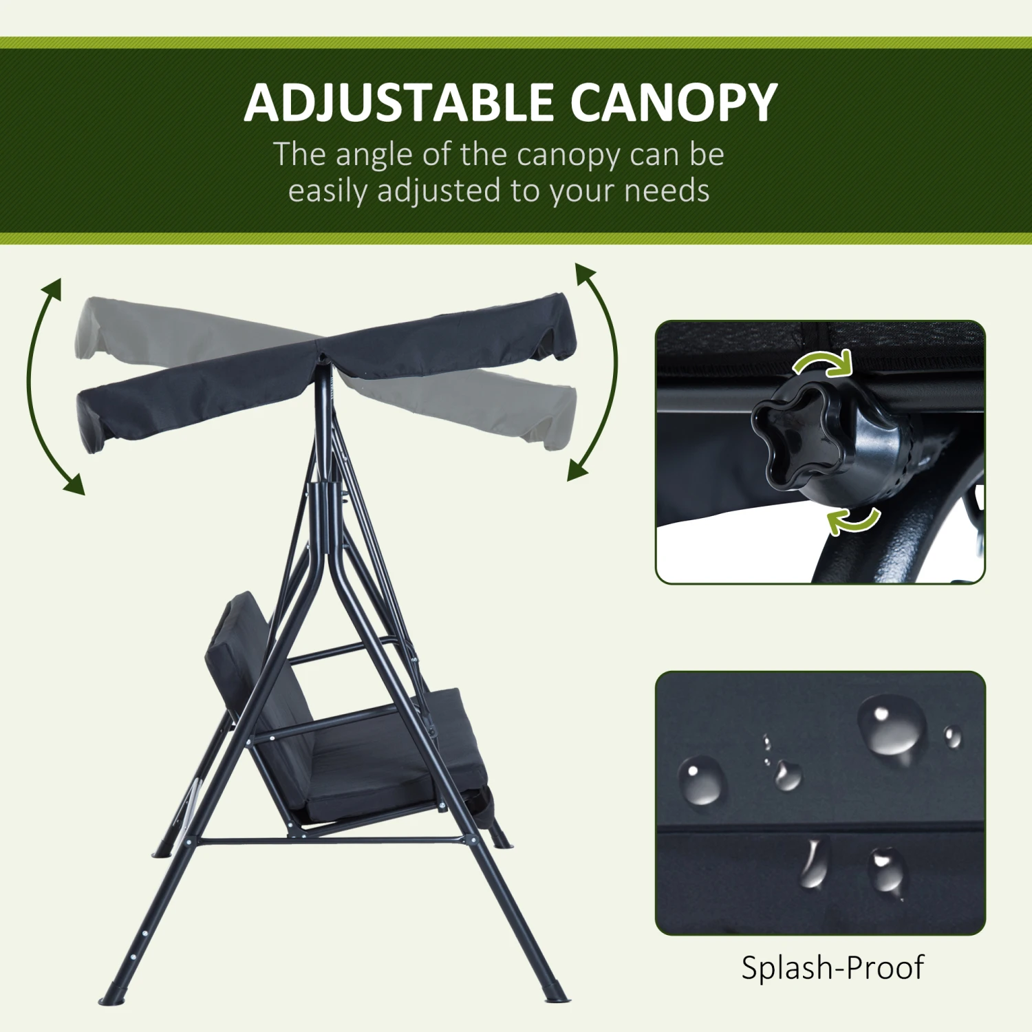 Outsunny 3-Seat Outdoor Patio Swing Chair With Removable Cushion, Steel Frame Stand And Adjustable Tilt Canopy For Patio, Garden, Poolside, Balcony, Backyard, Black 5 Outsunny 3-Seat Outdoor Patio Swing Chair With Removable Cushion, Steel Frame Stand And Adjustable Tilt Canopy For Patio, Garden, Poolside, Balcony, Backyard, Black - Image 5