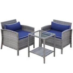 Outsunny 3 Piece Patio Furniture Set, PE Rattan Wicker Table, And Chairs, Conversation Set W/ Washable Cushion And Tempered Glass Tabletop For Outdoor Garden, Royal Blue