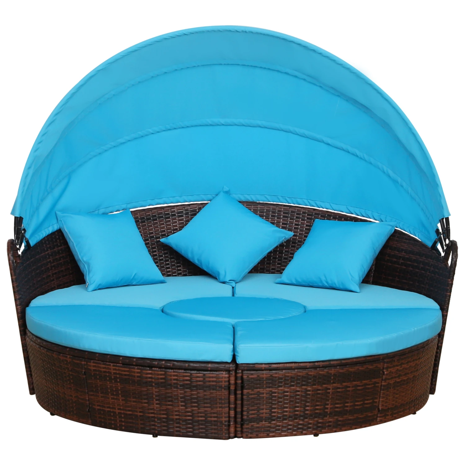 Outsunny 4pc Rattan Patio Furniture Set, Round Convertible Daybed Or Sunbed, Adjustable Sun Canopy, Sectional Outdoor Sofa, 2 Chairs, Table, 3 Pillows, PE Plastic Wicker, Blue 1 Outsunny 4pc Rattan Patio Furniture Set, Round Convertible Daybed Or Sunbed, Adjustable Sun Canopy, Sectional Outdoor Sofa, 2 Chairs, Table, 3 Pillows, PE Plastic Wicker, Blue