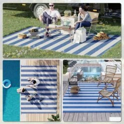Outsunny Reversible Outdoor Rug Carpet, 9' X 12' Waterproof Plastic Straw Rug, Portable RV Camping Rugs With Carry Bag, Large Floor Mat For Backyard, Deck, Picnic, Beach, Blue & White Striped -Outsunny MHv88c188a2ad5e3a