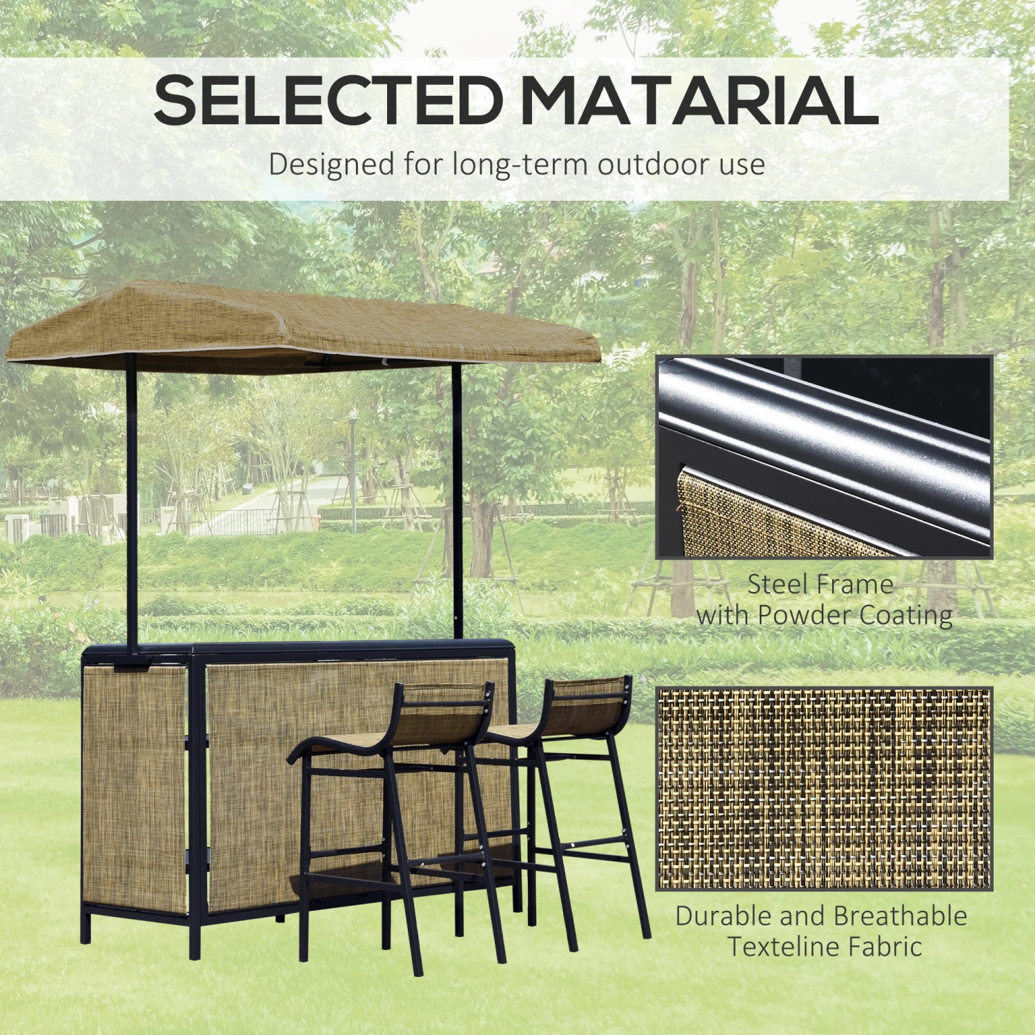 Outsunny 3 Piece Outdoor Bar Set For 2 With Canopy, Rectangular Table With Storage Shelves & Two Bar Chairs, Breathable Mesh 7 Outsunny 3 Piece Outdoor Bar Set For 2 With Canopy, Rectangular Table With Storage Shelves & Two Bar Chairs, Breathable Mesh - Image 7