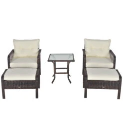 Outsunny 5-Piece Wicker Patio Armchair Set With Ottoman, Outdoor PE Rattan Furniture Set With Comfortable Zippered Cushions & Weather-Fighting Build, Brown