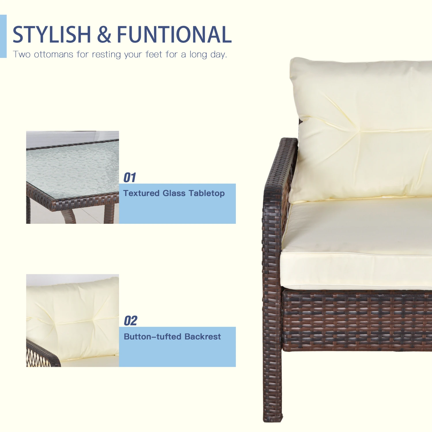 Outsunny 5-Piece Wicker Patio Armchair Set With Ottoman, Outdoor PE Rattan Furniture Set With Comfortable Zippered Cushions & Weather-Fighting Build, Brown 6 Outsunny 5-Piece Wicker Patio Armchair Set With Ottoman, Outdoor PE Rattan Furniture Set With Comfortable Zippered Cushions & Weather-Fighting Build, Brown - Image 6