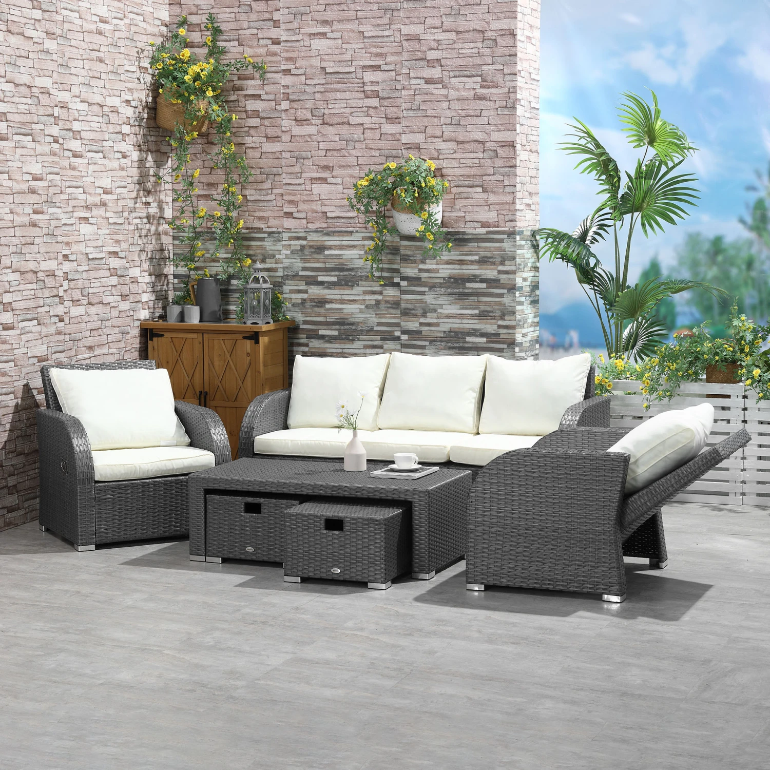 Outsunny 6-Piece Outdoor Rattan Patio Sectional Sofa Set With 3-Seat Couch, 2 Recliners, 2 Ottoman Footrests, & Coffee Table Conversation Set, Off-White 1 Outsunny 6-Piece Outdoor Rattan Patio Sectional Sofa Set With 3-Seat Couch, 2 Recliners, 2 Ottoman Footrests, & Coffee Table Conversation Set, Off-White