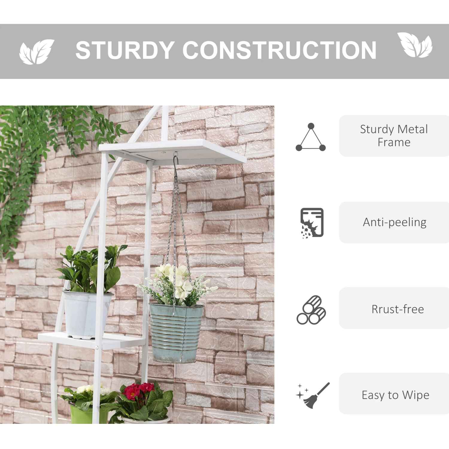 Outsunny 5 Tier Metal Plant Stand With Hangers, Half Moon Shape Flower Pot Display Shelf For Living Room Patio Garden Balcony Decor, White 6 Outsunny 5 Tier Metal Plant Stand With Hangers, Half Moon Shape Flower Pot Display Shelf For Living Room Patio Garden Balcony Decor, White - Image 6