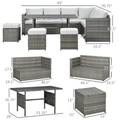 Outsunny 7 Piece Patio Furniture Set, Outdoor L-Shaped Sectional Sofa With 3 Loveseats, 3 Ottoman Chairs, Outside Conversation Set With Dining Table, Cushions, Storage, Mixed Gray -Outsunny N75c1718678eca328