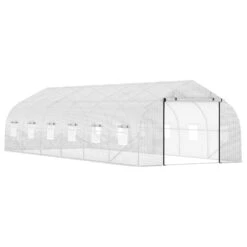 Outsunny 26' X 10' X 7' Walk-In Greenhouse Tunnel, Large Gardening Hot House With 12 Windows, 2 Net Protected Zipper Screen Doors For Backyard, White