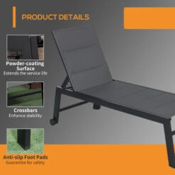Outsunny Outdoor Chaise Lounge With Wheels, Five Position Recliner For Sunbathing, Suntanning, Steel Frame, Breathable Fabric For Beach, Yard, Patio, Gray -Outsunny NTJ756188d32b70e1