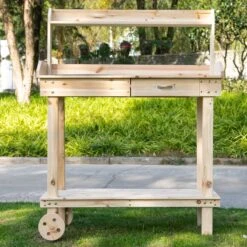 Outsunny 36'' Wooden Potting Bench Work Table With 2 Removable Wheels, Sink, Drawer & Large Storage Spaces, Natural -Outsunny NkT94e17e684426f0