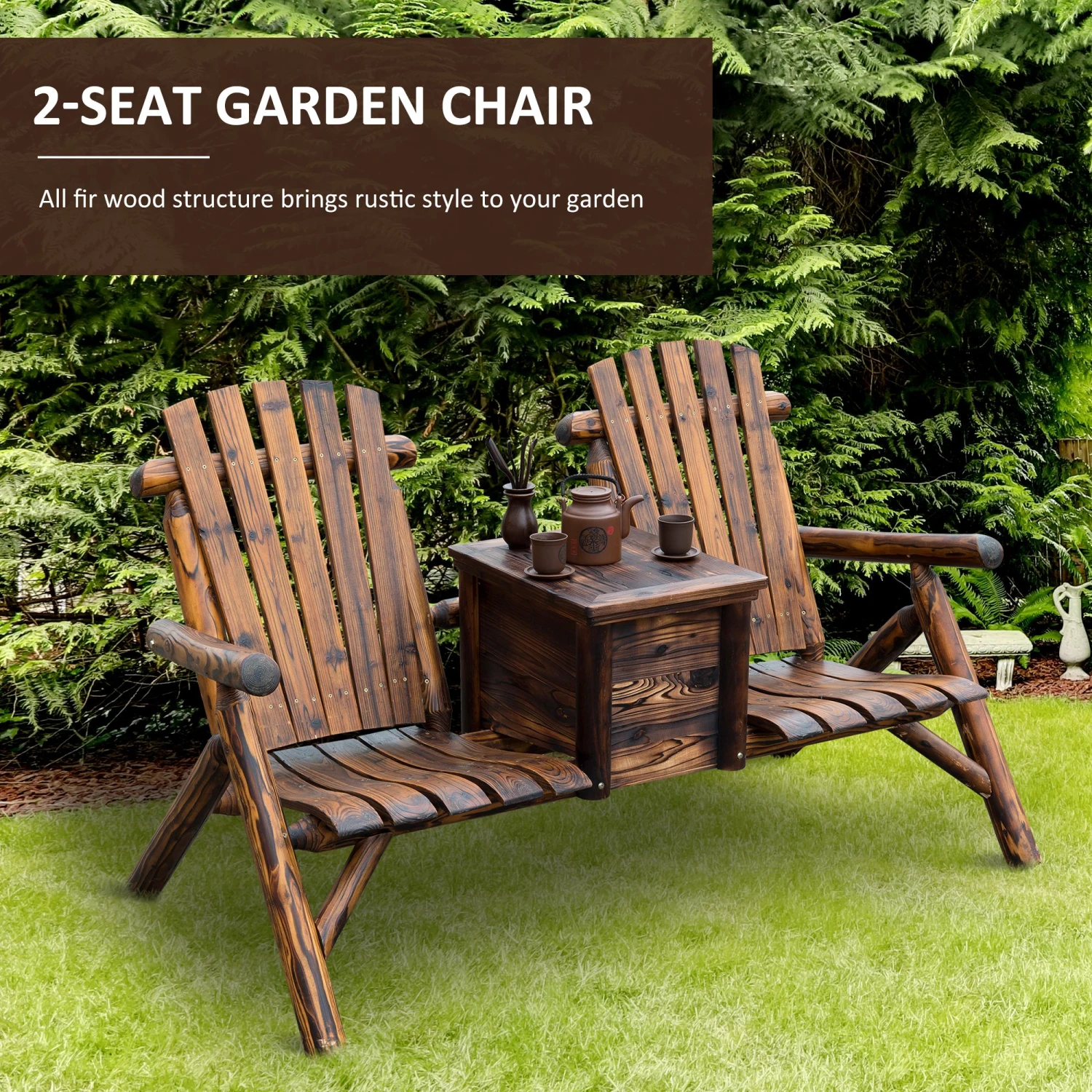 Outsunny Wooden Double Adirondack Chair Loveseat With Inset Ice Bucket, Rustic Aesethic, & Weather-Resistant Materials 4 Outsunny Wooden Double Adirondack Chair Loveseat With Inset Ice Bucket, Rustic Aesethic, & Weather-Resistant Materials - Image 4