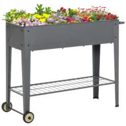 Outsunny 41" X 15" X 32" Raised Garden Bed Elevated With Wheels, Metal Elevated Planter Box With Bottom Shelf For Storing Tools & Water Drainage Hole, Grey